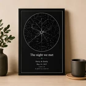 Custom star map print displayed on a shelf
