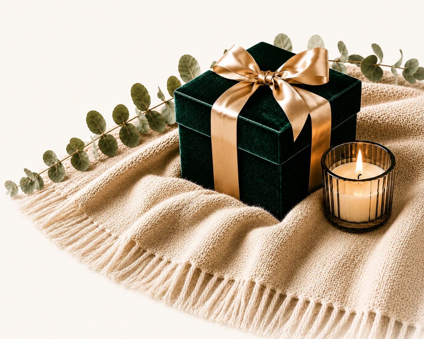 Luxury green velvet gift box with candle and eucalyptus on a soft cream background.